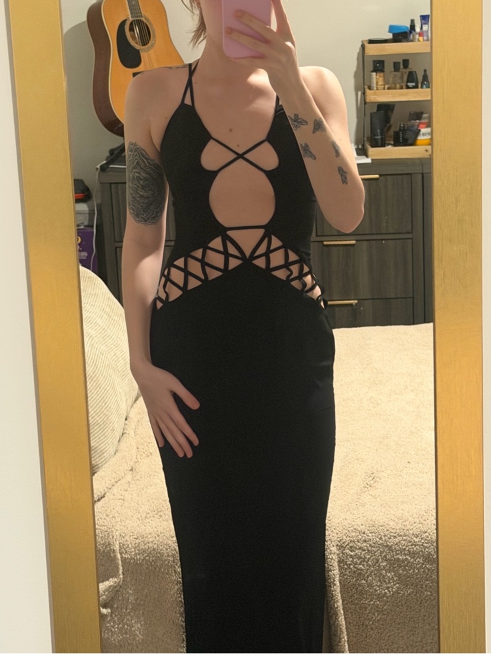 Black Strappy Cutout Maxi Dress with Lattice Waist